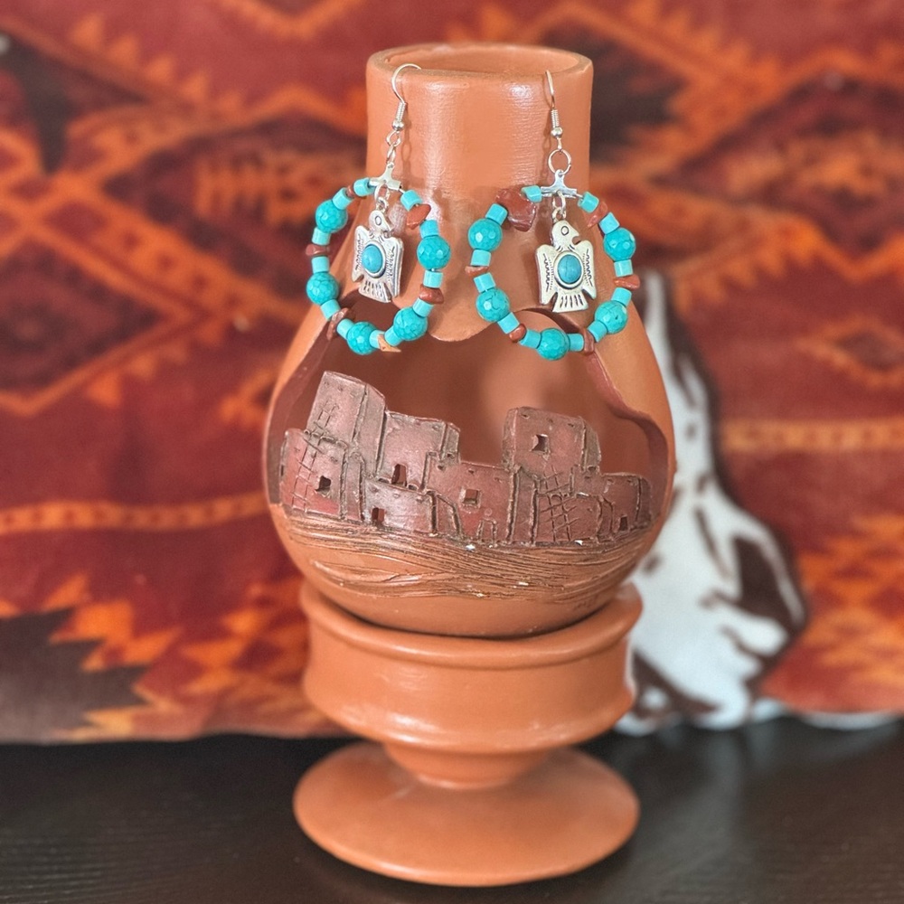 Turquoise Hand Beaded Thunderbird Earrings